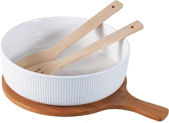 Espiel Wooden Salad Bowl with Salad Spoons White 36.7x36.7x11.2cm