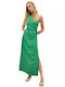 Maxi Evening Satin Dress with Tearing Green