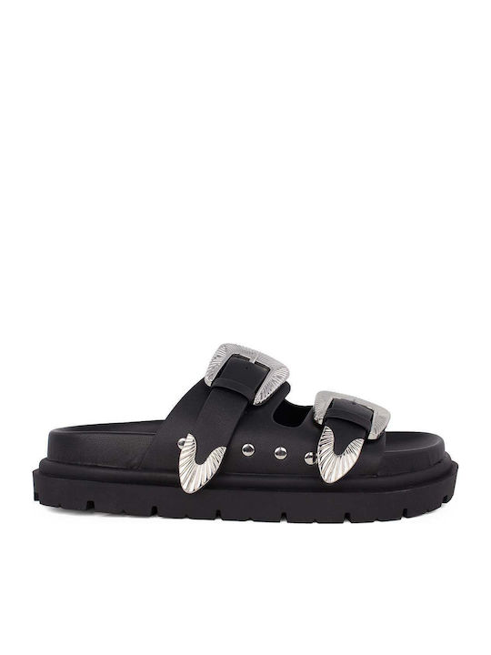 Leather Women's Flat Sandals Flatforms in Black Color