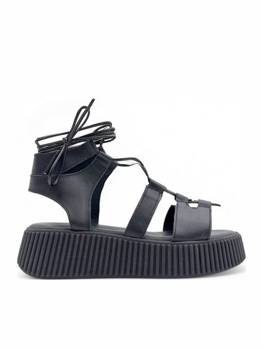 Leder Flache Sandalen für Damen Flatforms in Schwarz Farbe