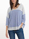 Women's Sweater with 3/4 Sleeve & V Neckline White/Light Blue