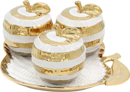 Decorative Ceramic Apples Set of 3 Ø10x10 cm Plate 23.5x24.5 cm White Gold Keskor 78679