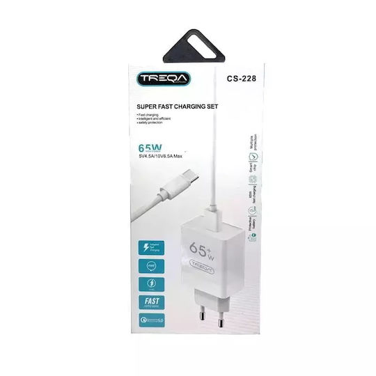 Treqa Ladegerät mit USB-C Anschluss und Kabel USB-C - USB-C 65W Stromlieferung Weißs (CS-228)