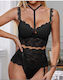 Set 5 Piese Lenjerie Erotic Intimă Sexy pentru Femei Dantelă Sutien Push-up Cu Burete Curea Jartieră Chiloți Colier Jartiere Negru
