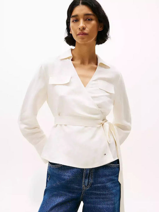 Damen Sommer Leinen Langärmelig Bluse Beige