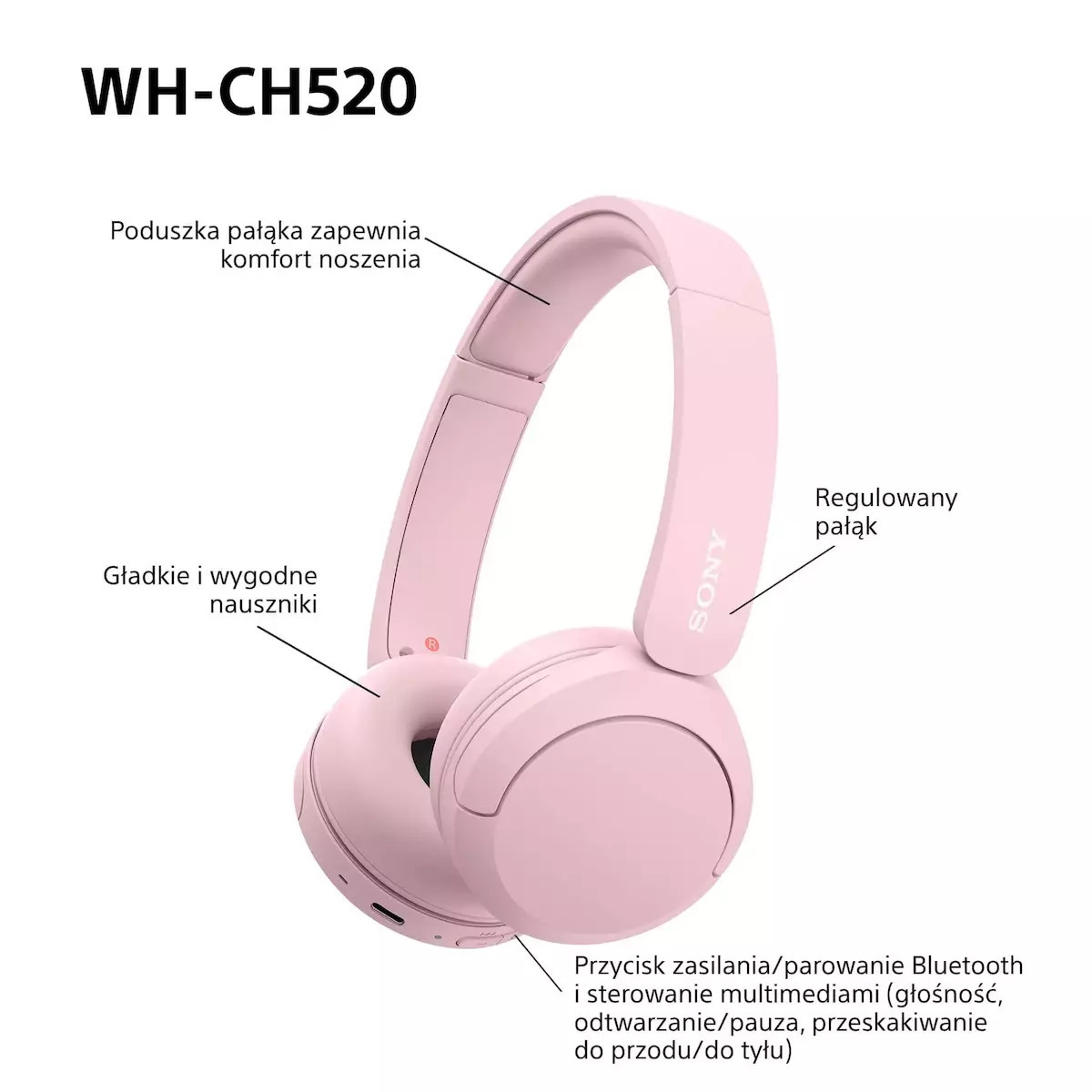Sony WH-CH520 Ασύρματα Bluetooth On Ear Ακουστικά με 50 ώρες Λειτουργίας και Quick Charge Ροζ (SONY-WHCH520-PNK)