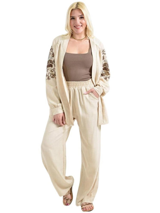 Women's Ecru Set with Pants with Elastic in Straight Line