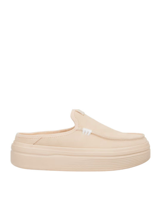 Suede Mules with Low Heel in Beige Color
