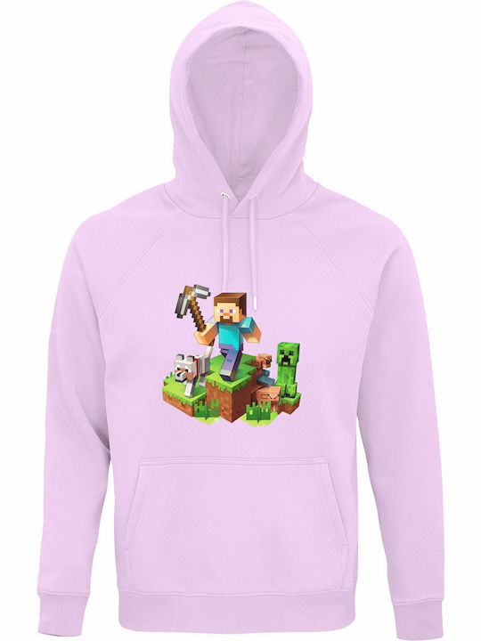 Kinder-Sweatshirt mit Kapuze und Taschen Creamy Pink Minecraft Characters Plus Scene