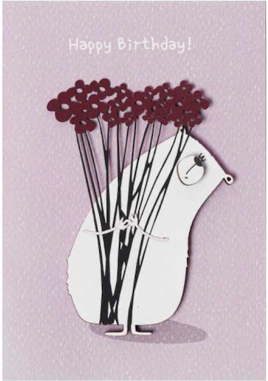 Mini Greeting Card "Happy Birthday!" Bear Red Flowers Joy Brand