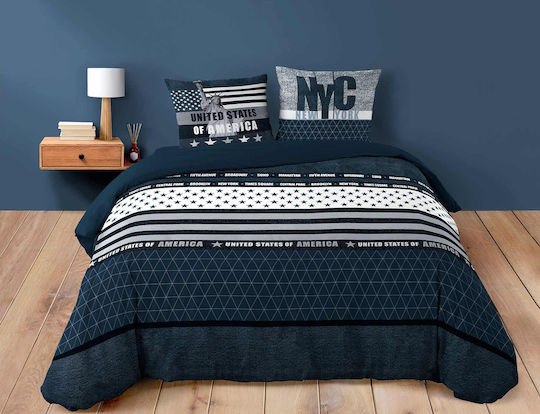 Douceur d'Intérieur Duvet Cover Set Cotton Queen with 2 Pillowcases 220x240 States Blue