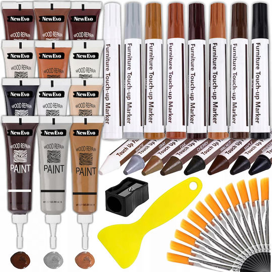 Kit de Reparare a Suprafațelor din Lemn Newevo 8 Markere pe Bază de Ulei 8 Creioane cu Ceară 12 Tuburi de Vopsea 12 Pensule Ascuțitoare