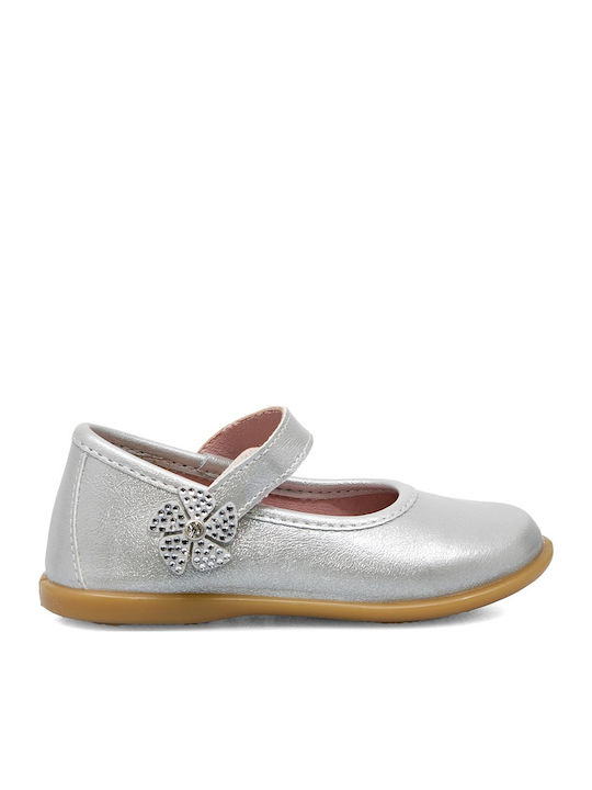 Kids Leather Ballerinas with Hoop & Loop Closure Silver