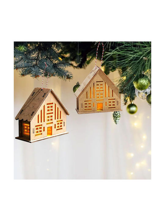 Set Christmas Tree Ornaments Little Houses Illuminated Wooden 9x10cm 2 Pieces