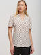 Women's Blouse Satin Short Sleeve with V Neckline Polka Dot White