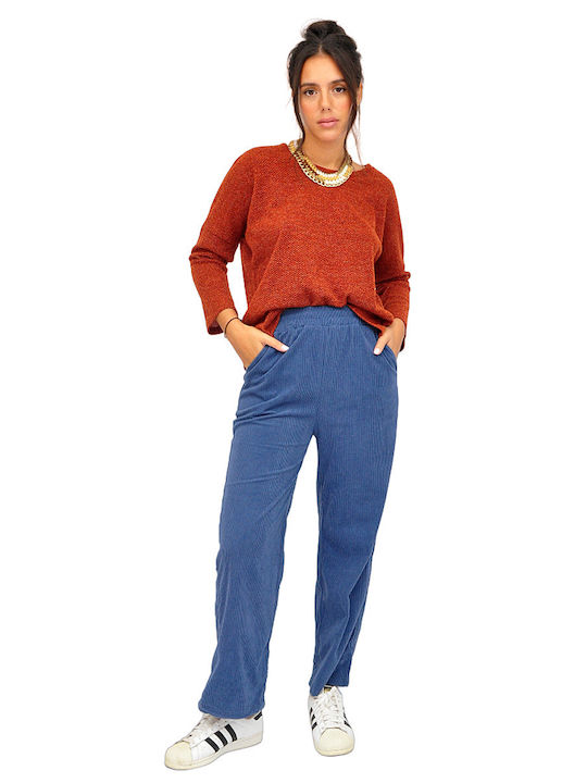 Damen Stoff Hose mit Gummizug in Geradem Schnitt Blue