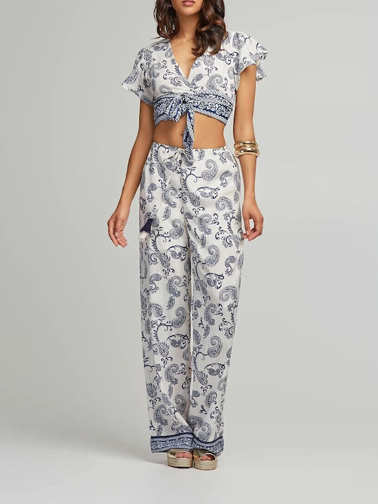 Women's Fabric Trousers with Elastic in Straight Line Blue