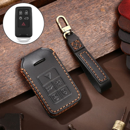 Hallmo Car Cowhide Leather Protective Key Cover Case Volvo 5 Buttons Black
