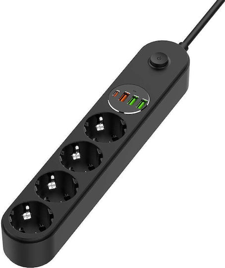 ColorWay Bandă de alimentare 4 Prize cu 3 USB-C, Comutator și Cablu 2m