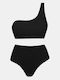 One-Shoulder Crinkle Black Bikini Set