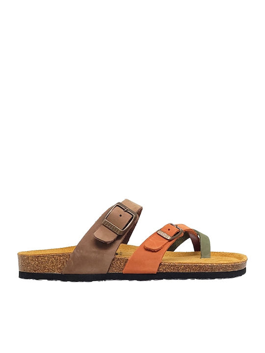 Plakton Leather Women's Flat Sandals Brown-Oran...