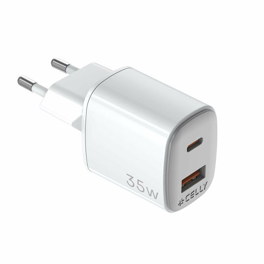 Celly Încărcător Fără Cablu GaN cu Port USB-A și Port USB-C 35W Albς