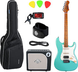 Jet Guitars Комплект Електрическа Китара Stratocaster с Калъф Зелен