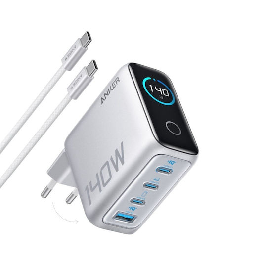 Anker Φορτιστής με Θύρα USB-A και 3 Θύρες USB-C και Καλώδιο USB-C - USB-C 140W Power Delivery Γκρι (Zolo)