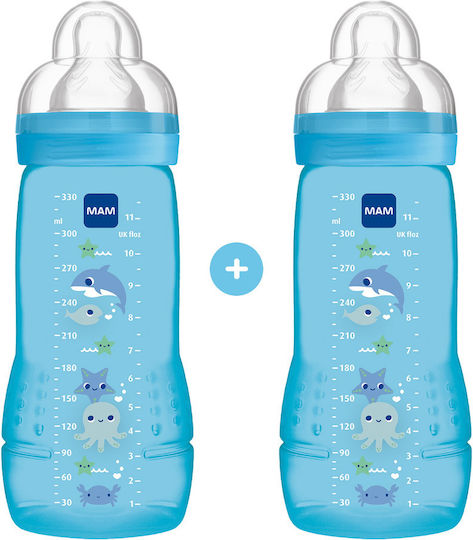 Mam Пластмасово Бебешко Шише Easy Active Против Колики със Силиконов Биберон за 4+ месеци Blue 330мл 2бр