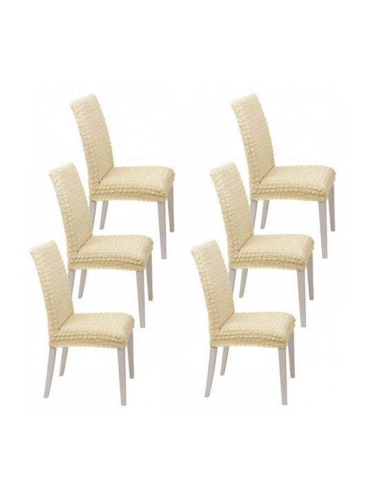 Set of 6 Elastic Chair Covers Backrest Without Ruffles Ecru