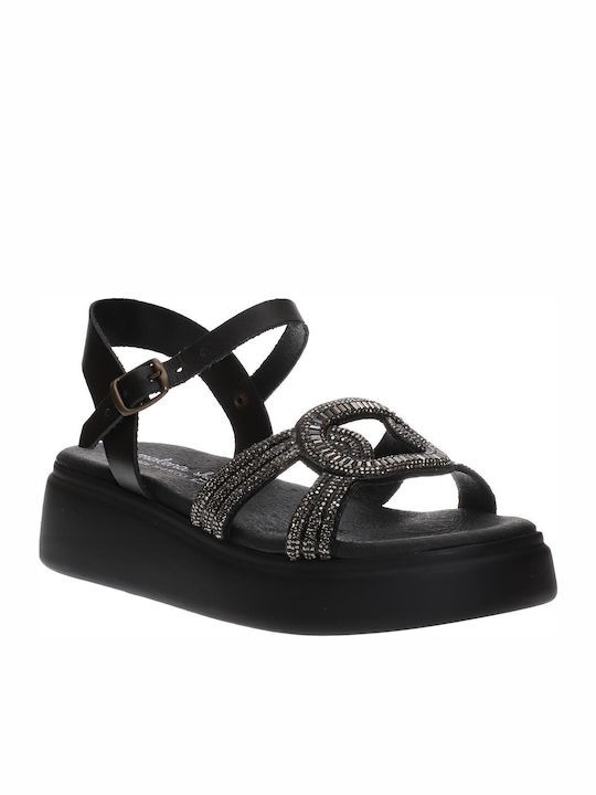 Leather Women's Flat Sandals Flatforms in Black Color