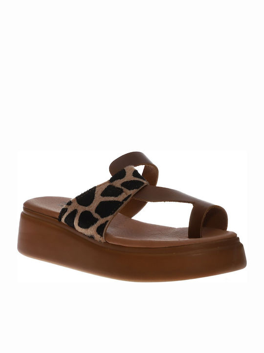 Leather Women's Flat Sandals Flatforms in Tabac Brown Color
