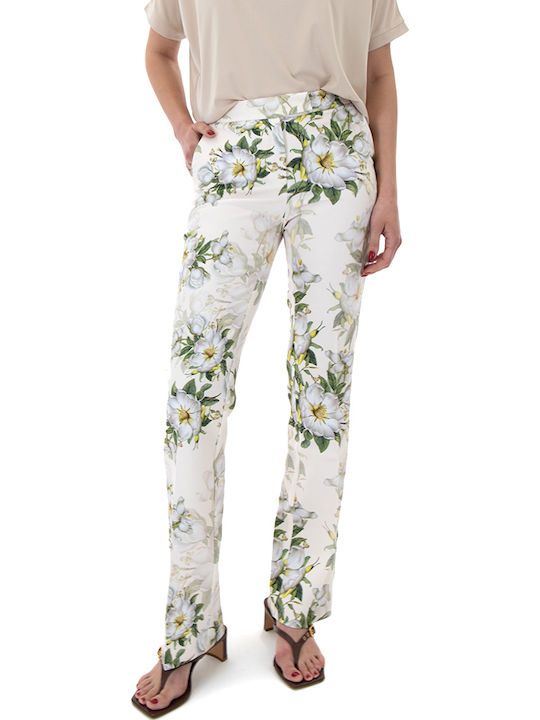 Women's Fabric Trousers Straight Line Floral Ecru, Beige, Green