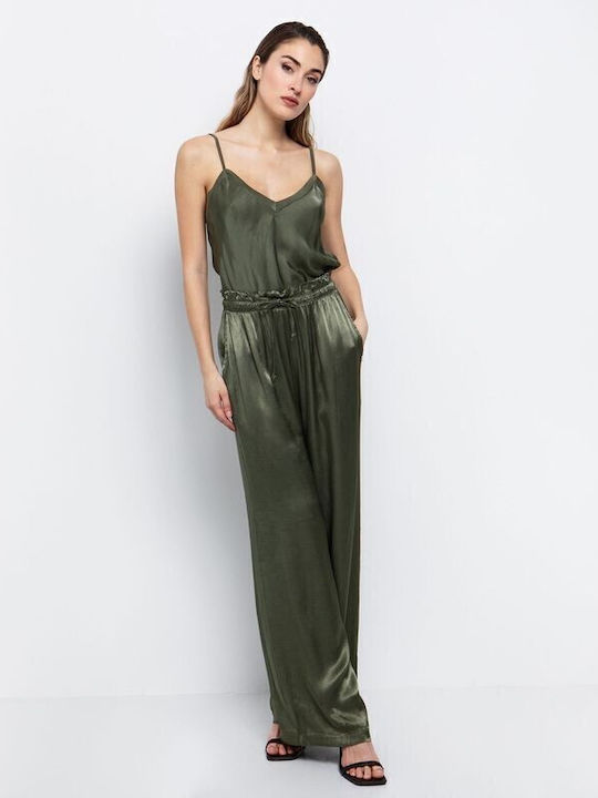 Women's High-waisted Fabric Trousers with Elastic in Loose Fit Khaki