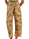 Women's Fabric Trousers with Elastic Loose Fit Floral Beige