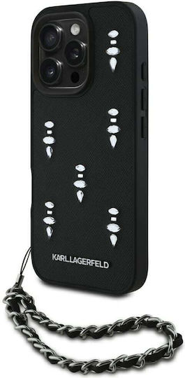 Karl Lagerfeld Saffiano Umschlag Rückseite Silikon / Leder mit Nackenriemen Schwarz (iPhone 17 Pro / iPhone 16 Pro)
