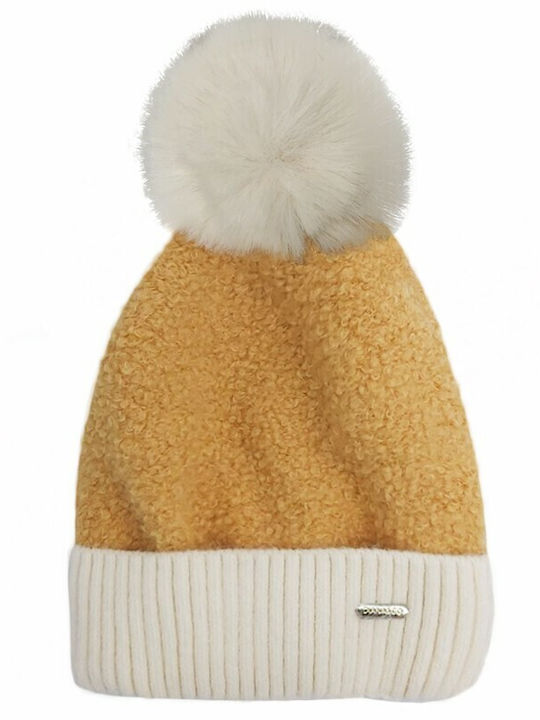 Pom Pom Beanie Γυναικείος Σκούφος Πλεκτός σε Κίτρινο χρώμα