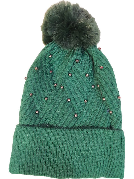 Pom Pom Beanie Beanie with Knit in Green color