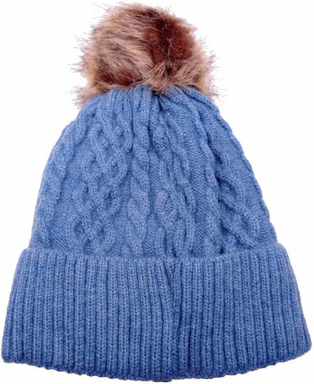 Pom Pom Beanie Γυναικείος Σκούφος με Πλεξούδες σε Μπλε χρώμα