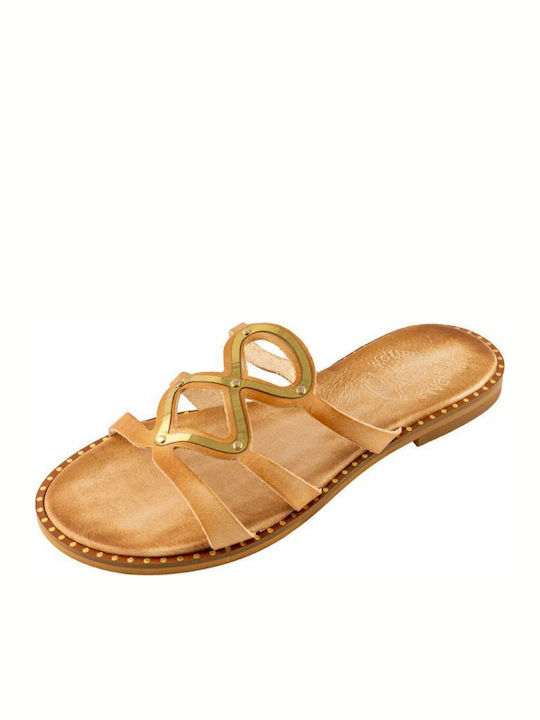 Leather Women's Flat Sandals in Beige Color