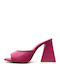 Leather Mules with Chunky High Heel in Fuchsia Color