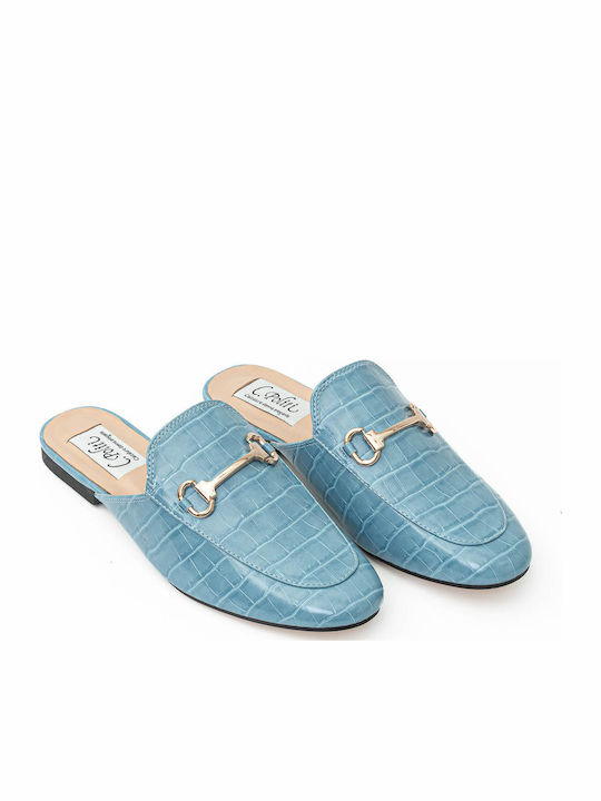 Flat Δερμάτινα Mules σε Γαλάζιο Χρώμα