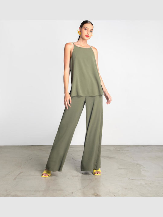 Damen Stoff Hose mit Gummizug Khaki