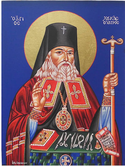Saint Luke the Physician Wooden Icon Blue Background 24x18cm