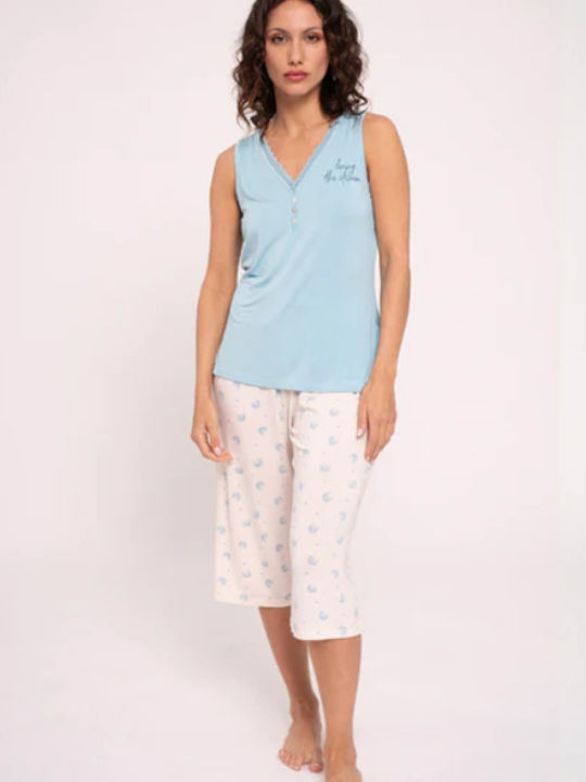 Muydemi Set Pijamale pentru Femei Light Blue/Cream