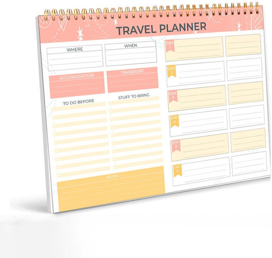 Agendă Planificator de Călătorii în Engleză Organizator Complet Vacanțe Excursii Legătură Spiralată 52 Pagini 25 X 18 Cm Hârtie 120 Gsm Alb Portocaliu