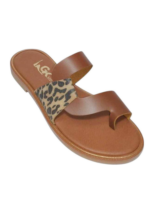 Leather Women's Flat Sandals in Tabac Brown Color