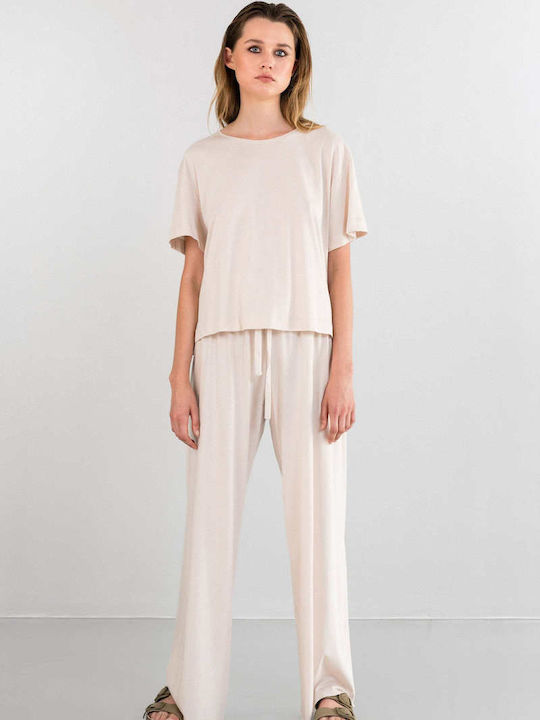Women's High-waisted Fabric Trousers with Elastic in Loose Fit Ecru