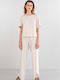 Women's High-waisted Fabric Trousers with Elastic in Loose Fit Ecru