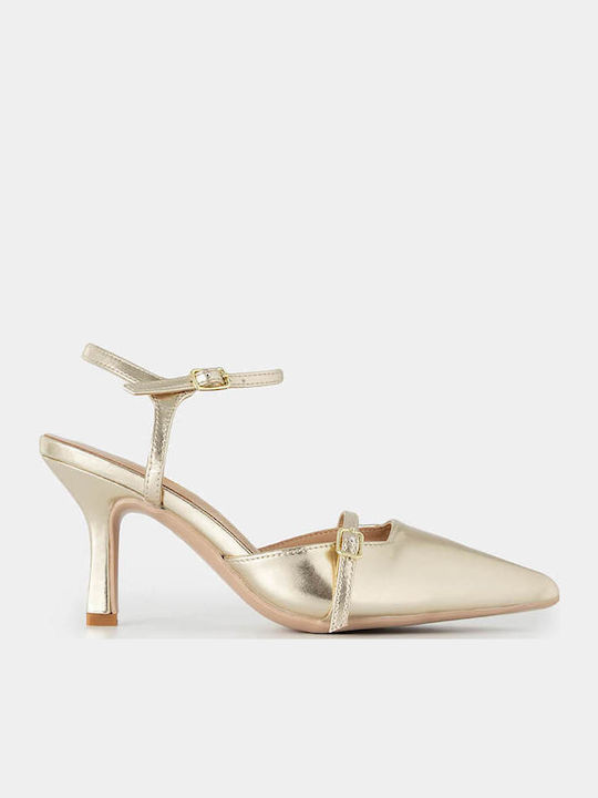 Leather Pointed Toe Gold Medium Heels with Strap
